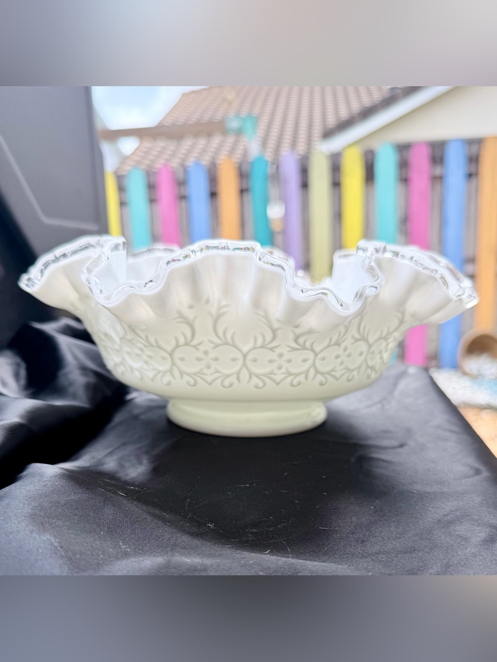 Fenton Spanish Lace White Milk Glass Silver Crest Bowl Clear Rim Vintage